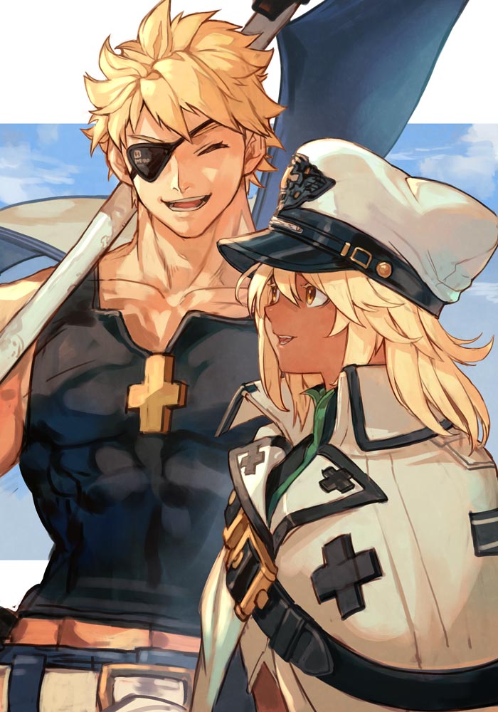 1boy, 1girl, belt, blonde_hair, blue_sky, border, closed_eyes, collarbone