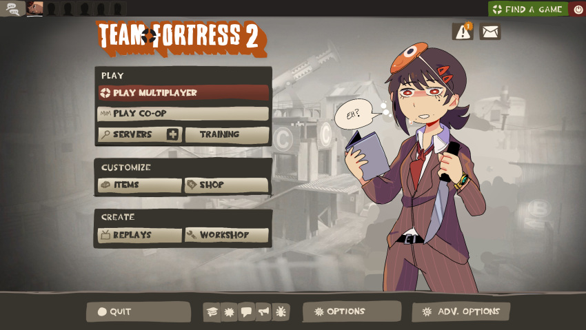 1girl, belt, blush, brown_hair, collared_shirt, copyright_name, cosplay, cowboy_shot, disguise_kit_(team_fortress), english_text, enthusiast's_timepiece, formal, game_screenshot_background, hair_ornament, hairclip, higashiyama_kobeni, highres, holding, holding_knife, holding_weapon, jiansketch, knife, mask, mask_on_head, mole, mole_under_eye, mole_under_mouth, necktie, pants, pochita_(chainsaw_man), pochita_(chainsaw_man)_(cosplay), red_eyes, red_necktie, shirt, solo, speech_bubble, spy_(tf2), spy_(tf2)_(cosplay), striped, striped_pants, striped_suit, suit, sweatdrop, team_fortress_2, weapon