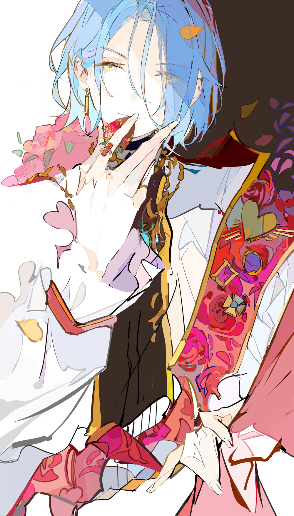 1boy, blue_hair, brown_background, chocolate_strawberry, closed_mouth, colored_eyelashes, earrings, ensemble_stars!