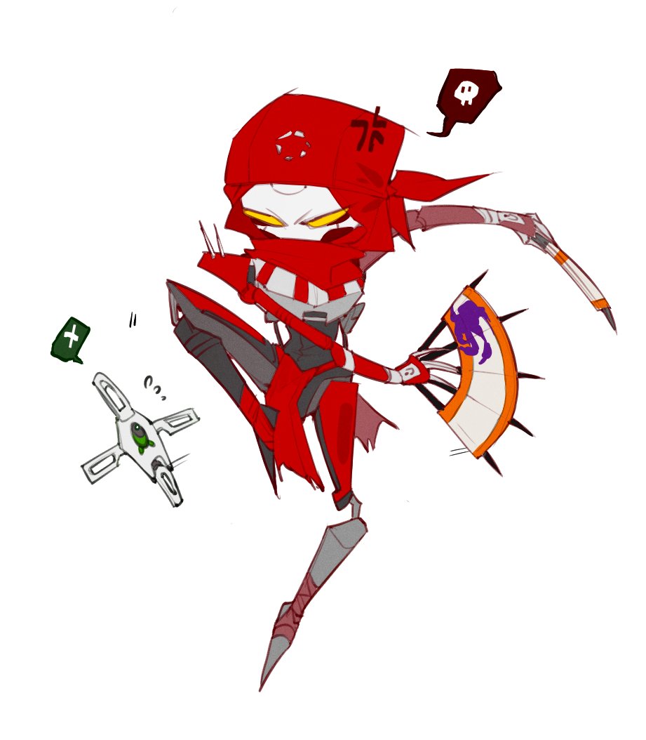1boy, anger_vein, animification, apex_legends, bandana, chinese_commentary, deformed, folding_fan, hand_fan, holding, holding_fan, humanoid_robot, loincloth, non-humanoid_robot, red_bandana, red_scarf, revenant_(apex_legends), robot, ruu47, scarf, simulacrum_(titanfall), solo, speech_bubble, spoken_skull, spoken_x, v-shaped_eyes, yellow_eyes