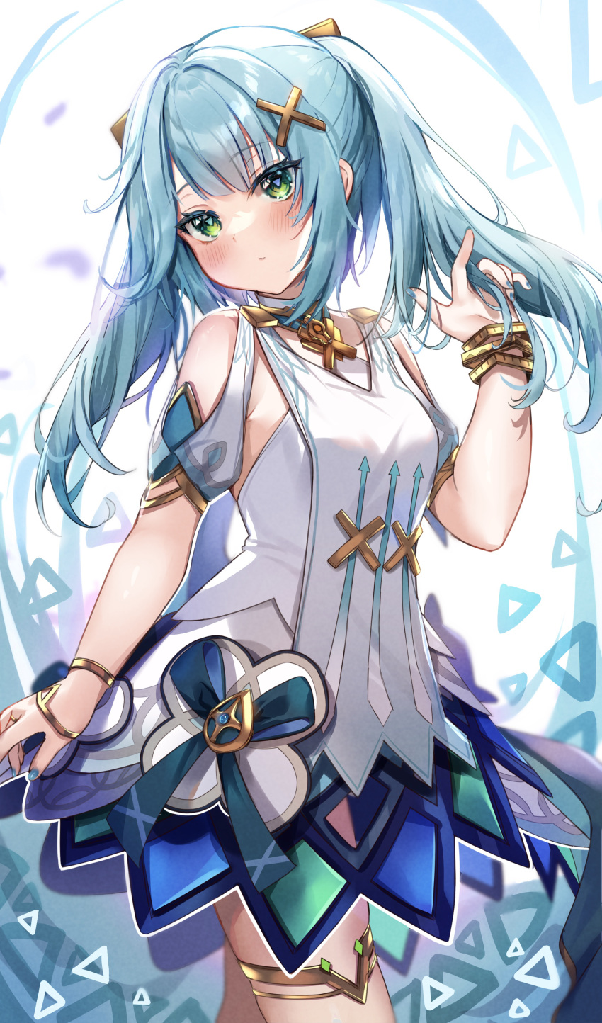 1girl, :/, absurdres, aqua_hair, aqua_nails, bangle, bare_shoulders, blush