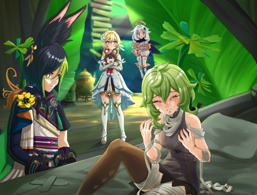 1boy, 3girls, :d, animal_ears, bandages, bangs, baron_bunny_(genshin_impact), black_eyes