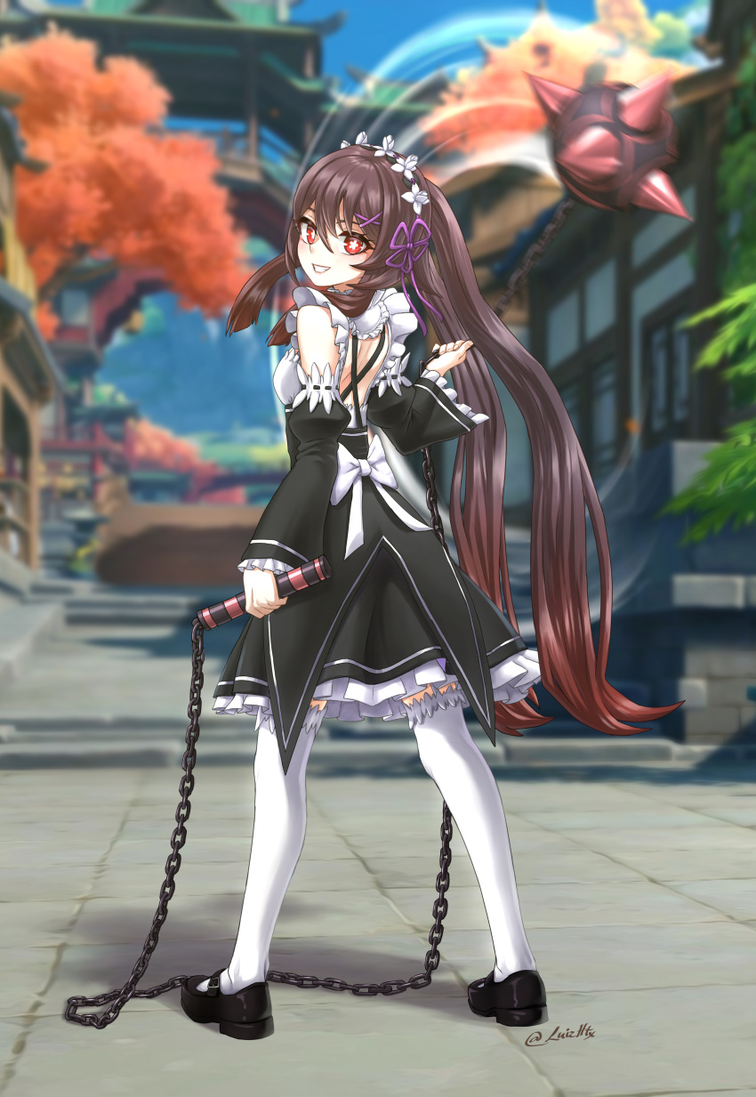 1girl, 3d_background, :d, absurdres, alternate_costume, apron, bangs, bare_back