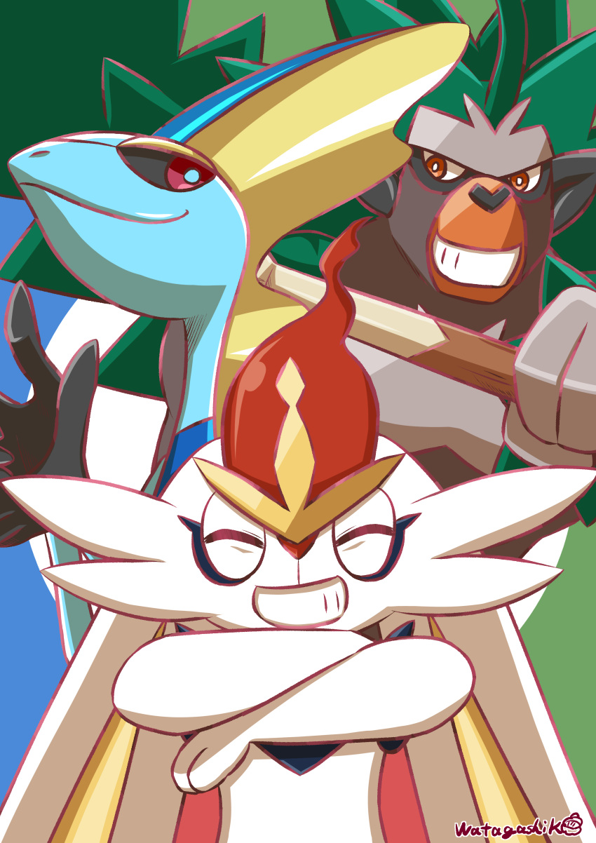absurdres, animal_ears, black_skin, blue_skin, body_fur, cinderace, closed_eyes, closed_mouth, colored_sclera, colored_skin, commentary_request, crossed_arms, facing_viewer, furry, gigantamax, gigantamax_cinderace, gigantamax_inteleon, gigantamax_rillaboom, green_hair, grin, highres, holding, holding_stick, inteleon, long_hair, looking_at_viewer, multicolored_skin, orange_eyes, pokemon, pokemon_(creature), rabbit_ears, red_sclera, redhead, rillaboom, signature, smile, starter_pokemon_trio, stick, twitter_username, upper_body, watagashikn, white_fur