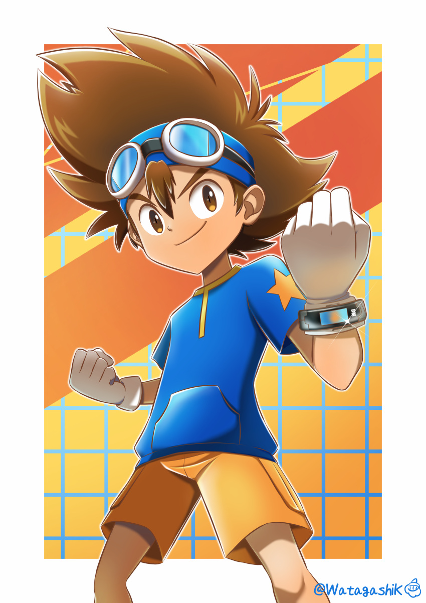 1boy, absurdres, bangs, blue_headband, blue_shirt, border, brown_eyes, brown_hair, closed_mouth, commentary_request, digimon, digimon_adventure:_(2020), glint, gloves, goggles, goggles_on_head, hair_between_eyes, hand_up, headband, highres, looking_at_viewer, male_focus, orange_background, orange_shorts, outside_border, print_shirt, shirt, short_sleeves, shorts, signature, smile, solo, spiky_hair, standing, star_(symbol), star_print, t-shirt, twitter_username, watagashikn, white_border, white_gloves, yagami_taichi