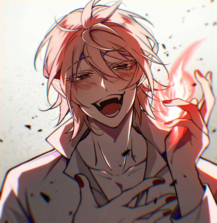 1boy, absurdres, asmodeus_alice, blush, collarbone, hair_between_eyes, hand_up, highres, looking_at_viewer, magic, mairimashita!_iruma-kun, open_mouth, pink_hair, red_eyes, red_nails, shigatsuchichi, solo, upper_body, white_background