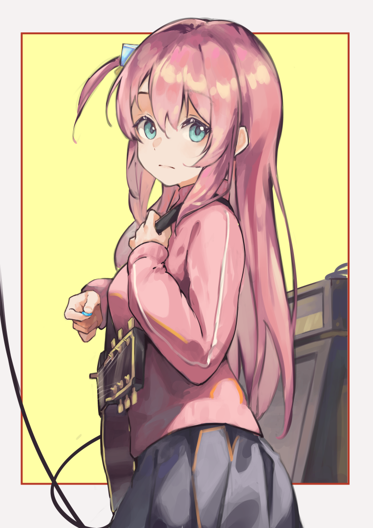 1girl, bangs, black_skirt, blue_eyes, bocchi_the_rock!, breasts, closed_mouth, commentary