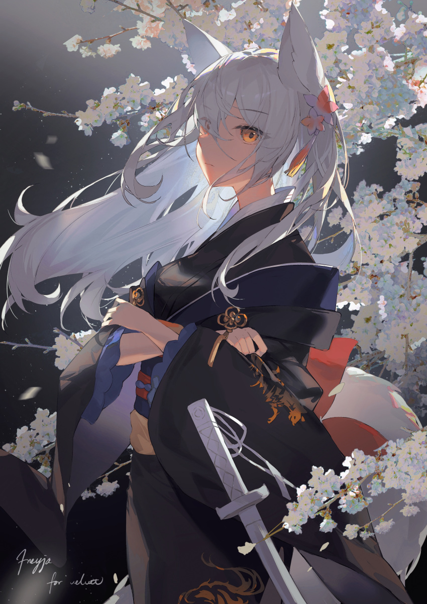 1girl, absurdres, animal_ears, bangs, black_kimono, branch, closed_mouth, commentary