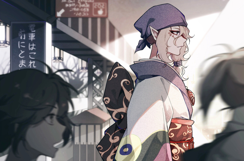 1boy, 2girls, absurdres, bandana, blue_eyes, highres, kusuriuri_(mononoke), light_brown_hair, long_hair, medallion, mononoke, multiple_girls, open_mouth, pointy_ears, profile, purple_bandana, shigatsuchichi, upper_body