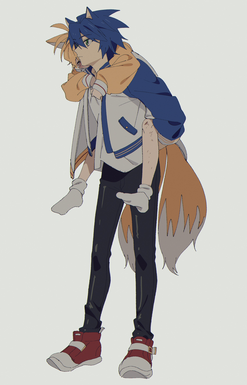 2boys, absurdres, animal_ears, banri_0917, bare_legs, bishounen, black_pants, blonde_hair