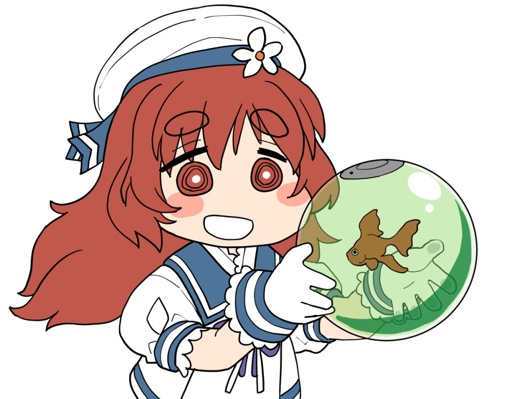 1girl, blue_sailor_collar, brown_eyes, brown_hair, chuchumy, commentary, crossover, fish