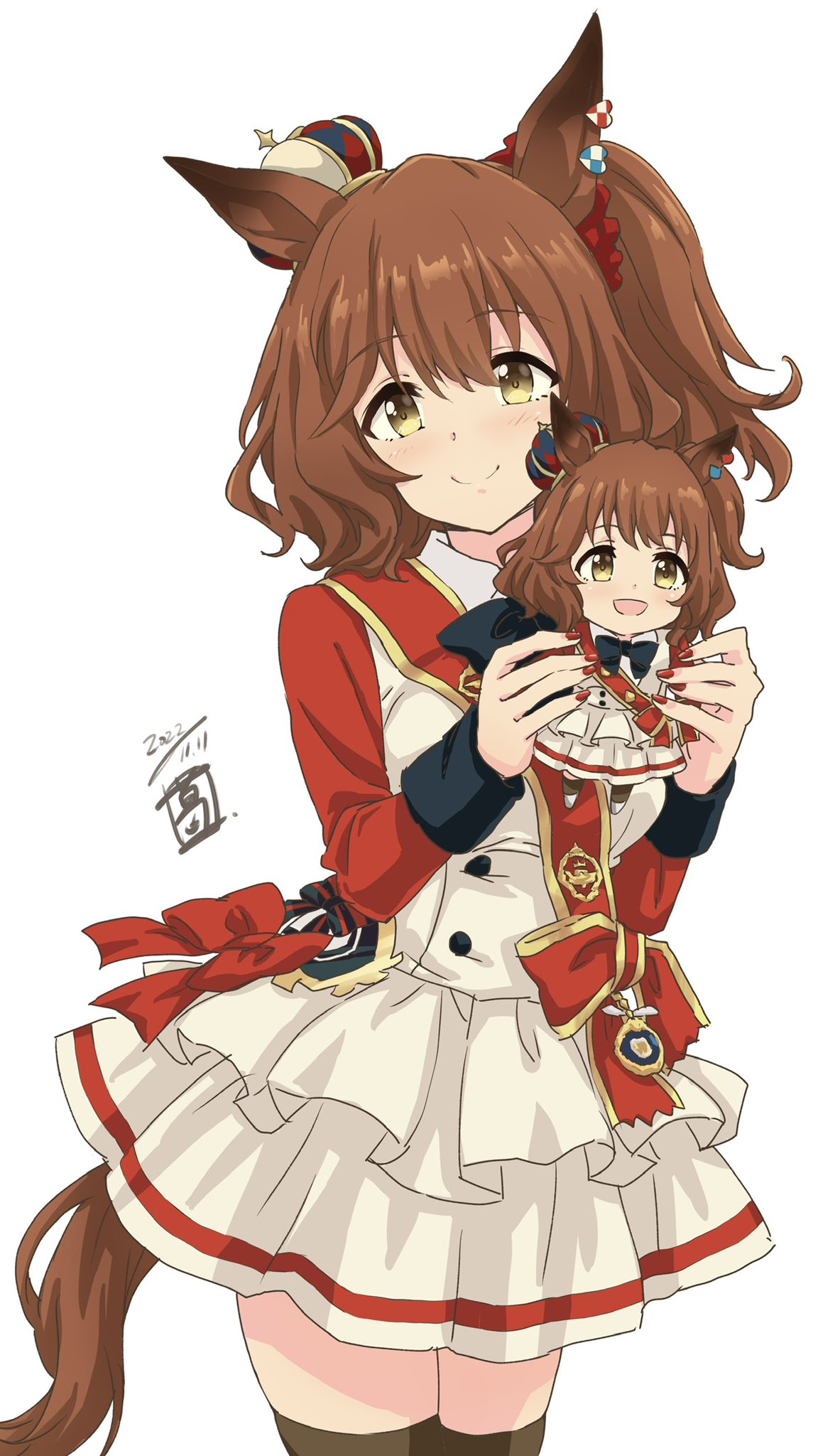 1girl, :d, animal_ears, aston_machan_(umamusume), bow, bowtie, brown_hair, brown_thighhighs