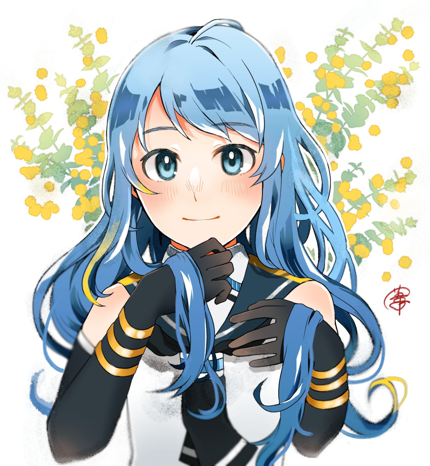 1girl, bangs, black_gloves, black_neckerchief, blue_eyes, blue_hair, blue_sailor_collar, blush