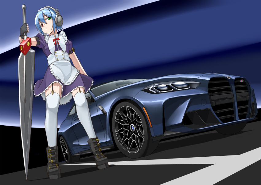 1girl, apron, arai_kogane, black_gloves, blue_hair, bmw, bmw_m4, boots