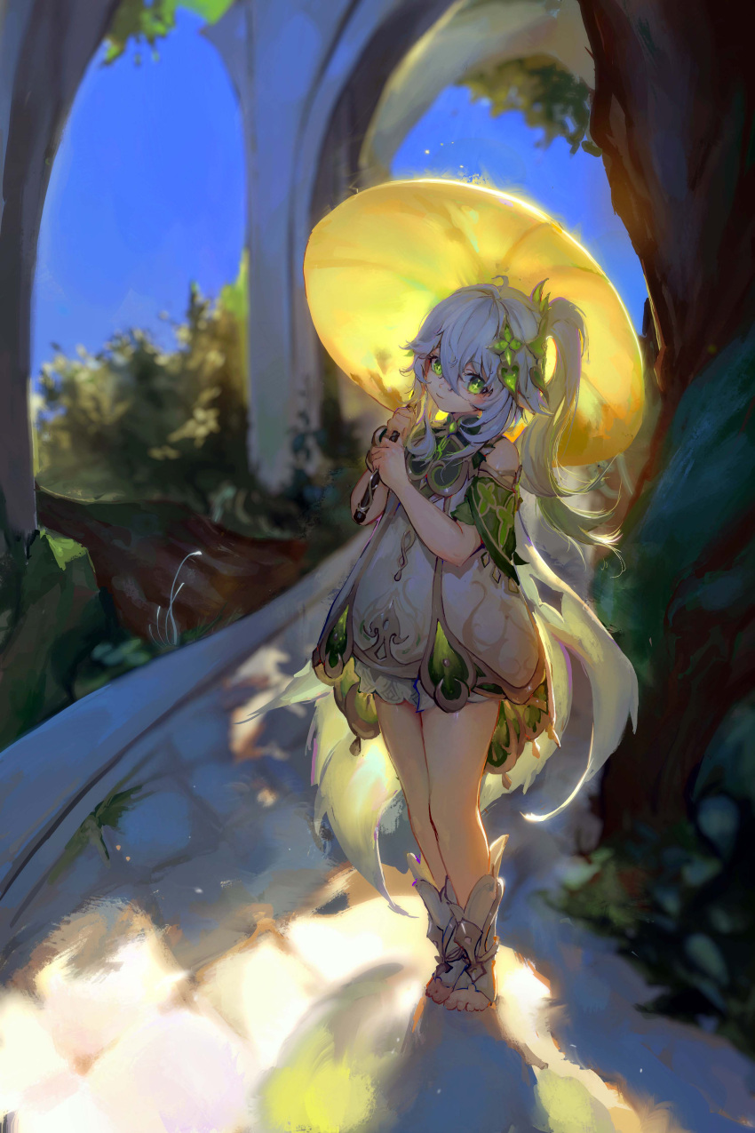 1girl, absurdres, backlighting, bangs, blurry, bracelet, cape, commentary_request, depth_of_field, detached_sleeves, dress, forest, full_body, furioso, genshin_impact, gradient_hair, green_eyes, hair_between_eyes, hair_ornament, highres, holding, holding_umbrella, jewelry, long_hair, looking_at_viewer, multicolored_hair, nahida_(genshin_impact), nature, pointy_ears, short_sleeves, side_ponytail, sidelocks, solo, standing, stirrup_legwear, symbol-shaped_pupils, toeless_legwear, tree, umbrella, white_dress, white_hair