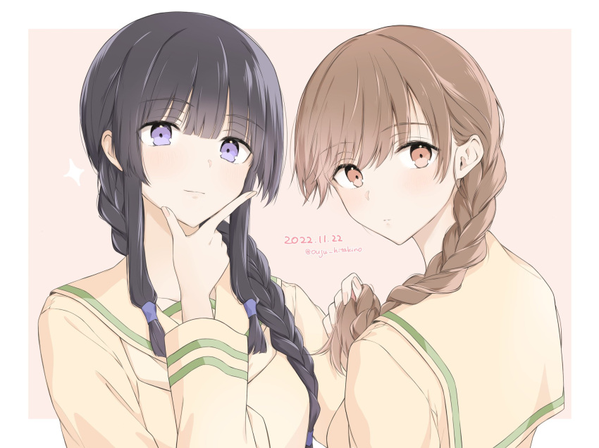 1girl, alternate_hairstyle, bangs, black_hair, blunt_bangs, braid, brown_eyes, brown_hair