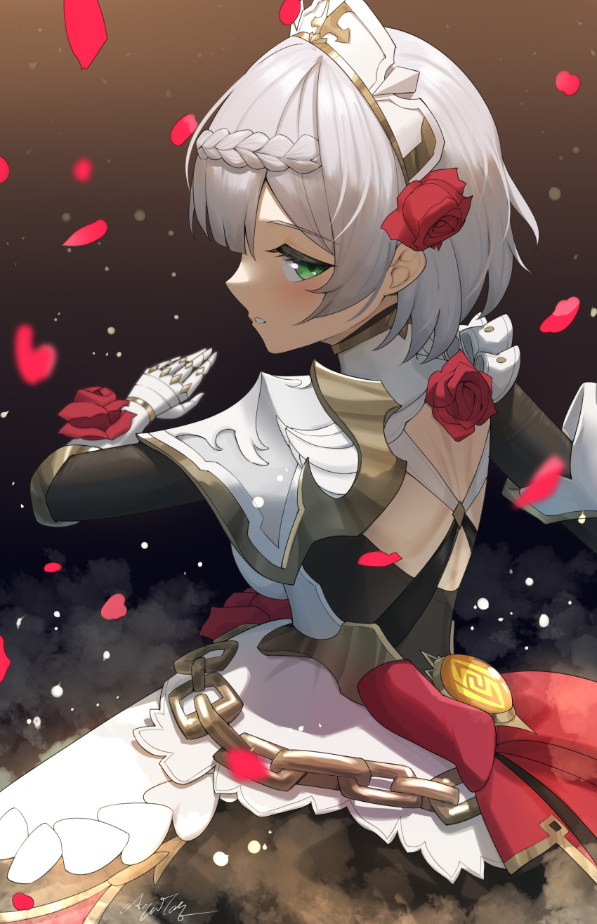 1girl, absurdres, aquilar, armor, armored_dress, bangs, black_background, blush