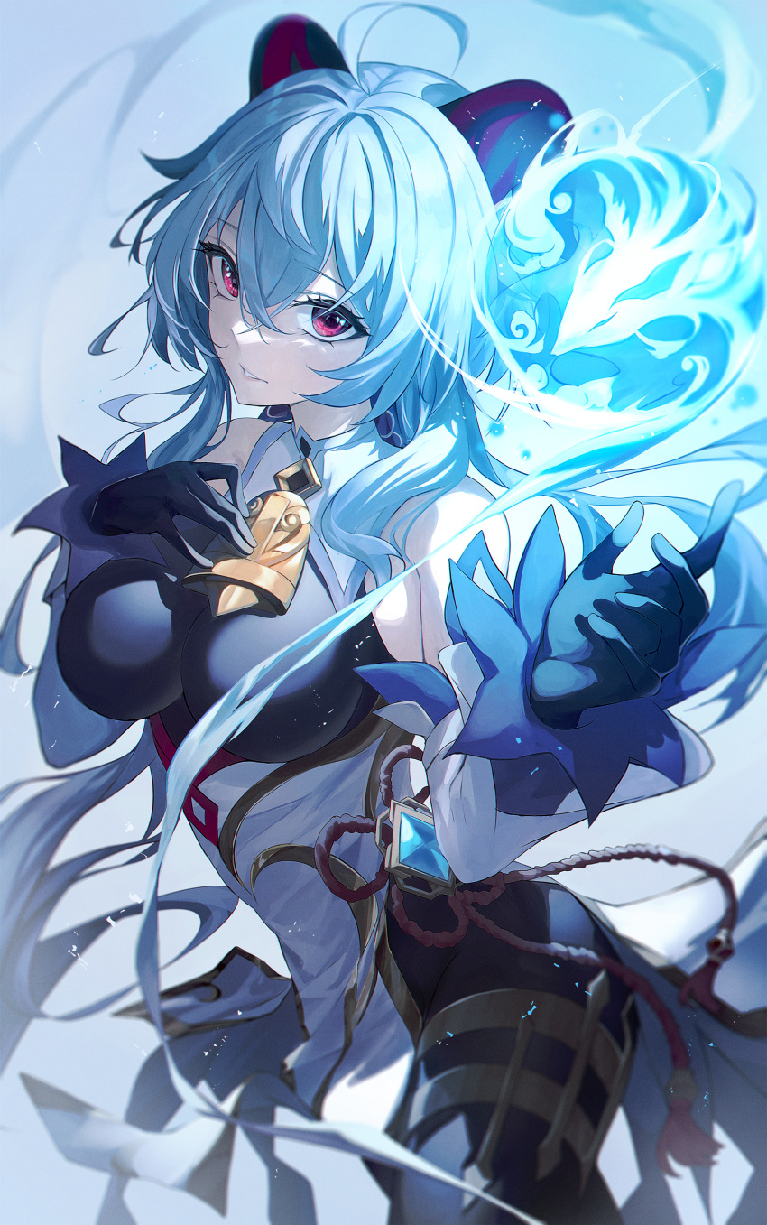 1girl, absurdres, ahoge, bangs, bell, black_pantyhose, blue_hair, breasts