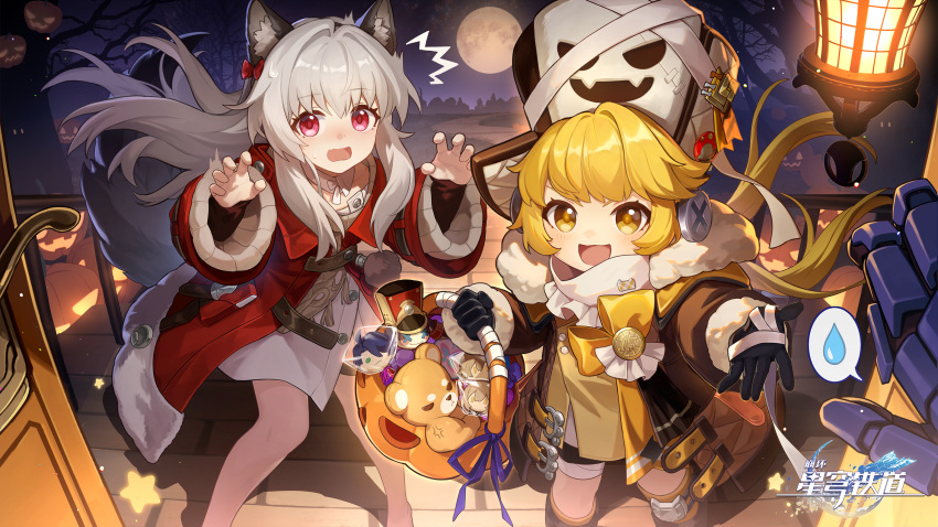1other, 2girls, animal_costume, caelus_(honkai:_star_rail), clara_(honkai:_star_rail), door, full_moon, halloween