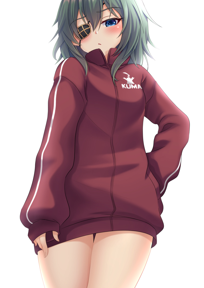 1girl, absurdres, blue_eyes, blush, closed_mouth, clothes_writing, cowboy_shot, eyepatch