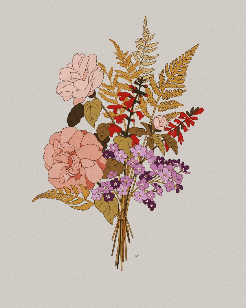 bouquet, camellia, commentary, english_commentary, fern, flower, flower_focus, heliotrope_(flower)