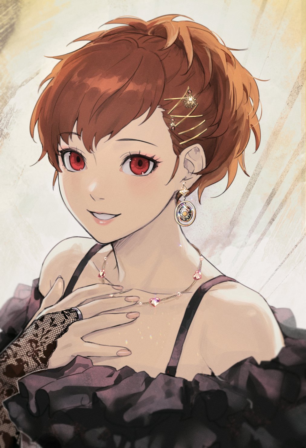 1girl, alternate_costume, bare_shoulders, black_dress, bridal_gauntlets, brown_hair, collarbone, commentary