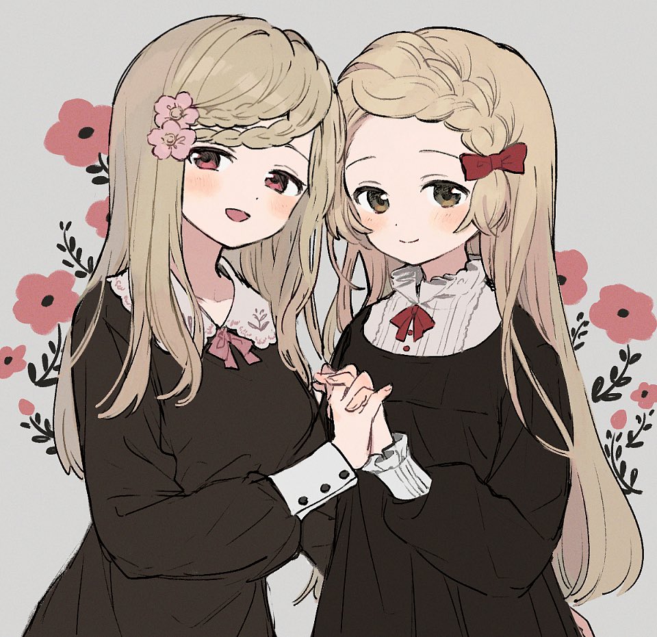 2girls, :d, alternate_costume, azumi_hagumu, black_shirt, blonde_hair, blush, boyano