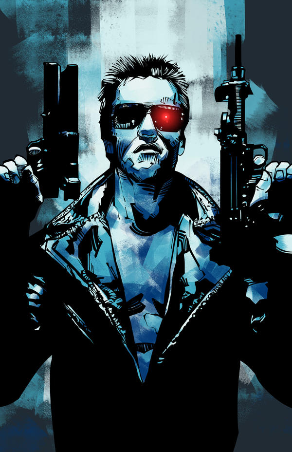 1boy, arnold_schwarzenegger, bare_pectorals, black_hair, black_jacket, blue_background, blue_theme, english_commentary