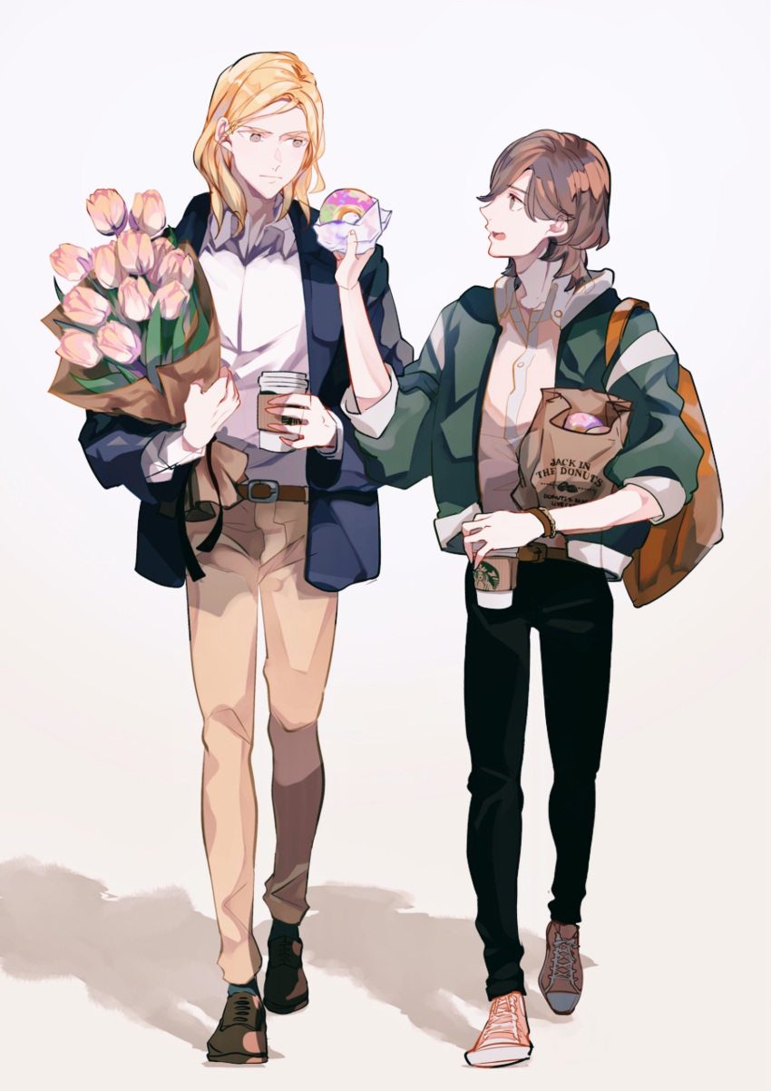 2boys, :|, absurdres, alternate_costume, bag, bangs, belt, black_pants
