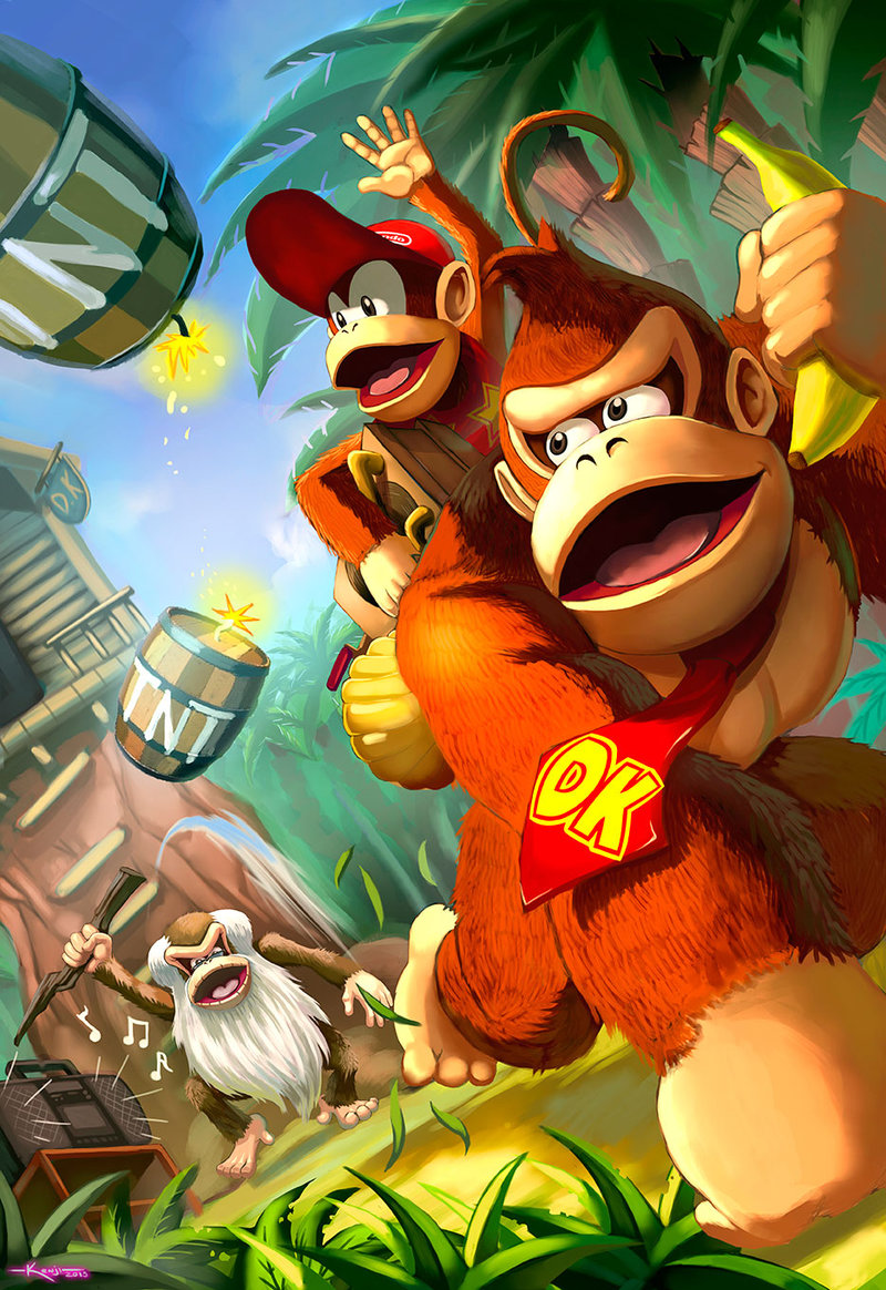 3boys, ape, banana, barrel, baseball_cap, blue_sky, cane, commentary, cranky_kong, diddy_kong, donkey_kong, donkey_kong_(series), donkey_kong_country, dramegar, food, fruit, furry, furry_male, gorilla, grass, hat, holding, holding_cane, holding_food, holding_fruit, house, multiple_boys, musical_note, necktie, open_mouth, outdoors, red_headwear, red_necktie, sky, stereo, table, tnt, tree, treehouse