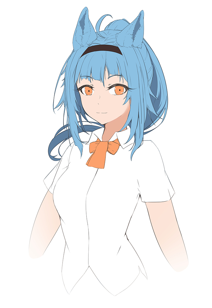 1girl, animal_ear_fluff, animal_ears, bangs, black_hairband, blue_hair, cat_ears, closed_mouth, commentary, cropped_torso, eien_(x0b3o6x7), girls_frontline, hairband, kemonomimi_mode, looking_at_viewer, medium_hair, orange_eyes, ponytail, shirt, short_sleeves, smile, solo, t91_(girls'_frontline), upper_body, white_background, white_shirt