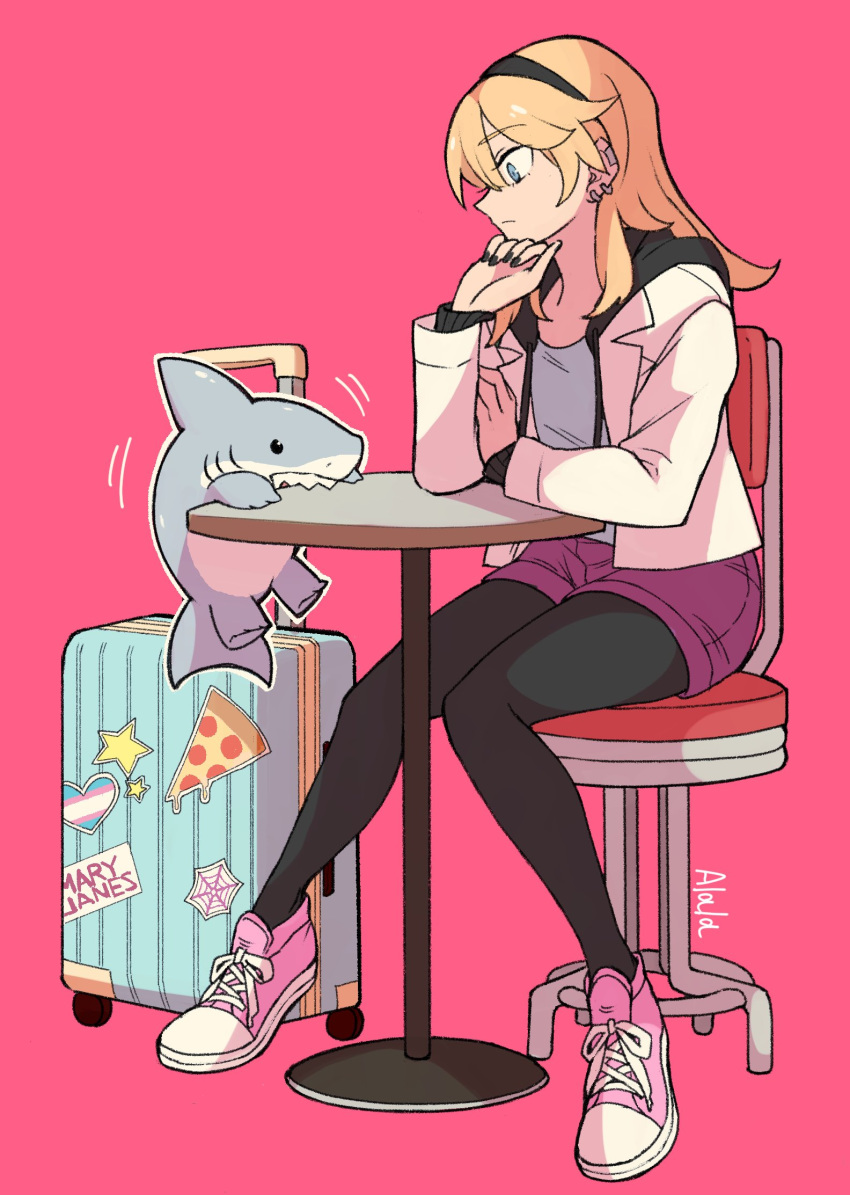 1girl, black_leggings, blonde_hair, blue_eyes, breasts, chair, commentary, denim