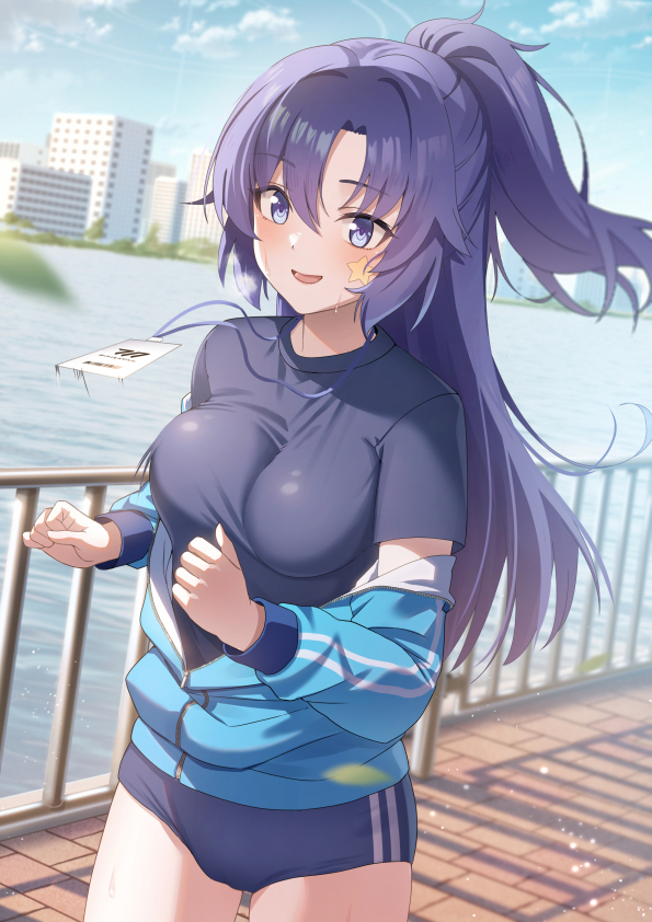 1girl, blue_archive, blue_eyes, blue_hair, buruma, gym_shirt, gym_shorts, gym_uniform