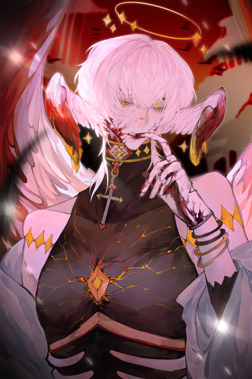 1boy, absurdres, angel_wings, baizhayixia, bishounen, blood, blood_on_face, grateful_shell_collector