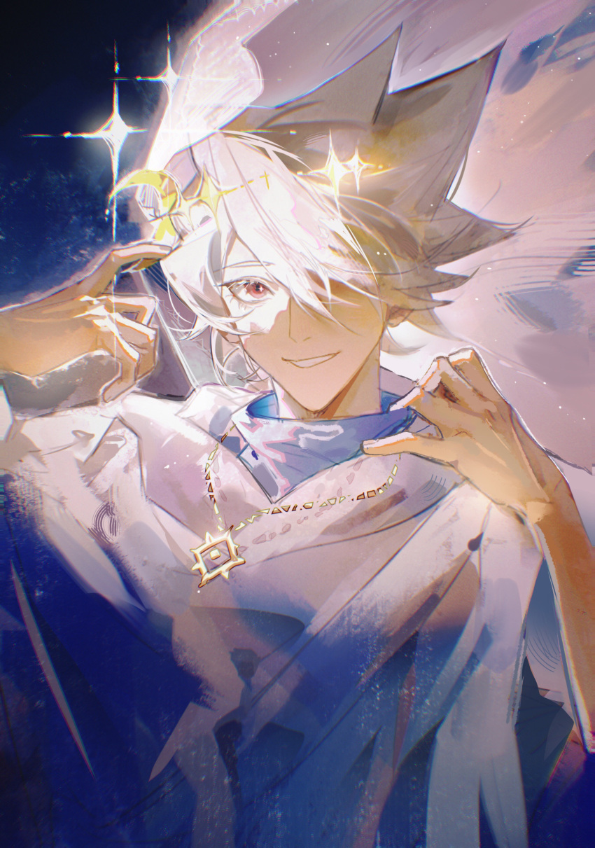 1boy, absurdres, alef_(sky:_children_of_the_light), earrings, grey_hair, highres, jewelry, male_focus, moon_(ornament), red_eyes, short_hair, sky:_children_of_the_light, smile, tassel, tassel_earrings, white_hair, yuyuyuyu_wen