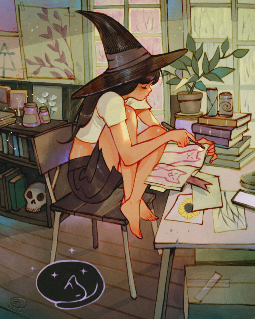 1girl, animal, artist_logo, bangs, bare_legs, black_hair, black_headwear, book