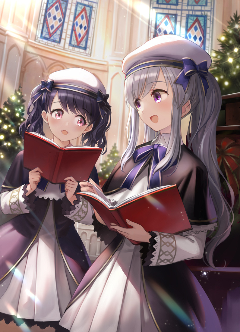 2girls, bangs, beret, black_hair, commentary_request, dress, dutch_angle, fangs