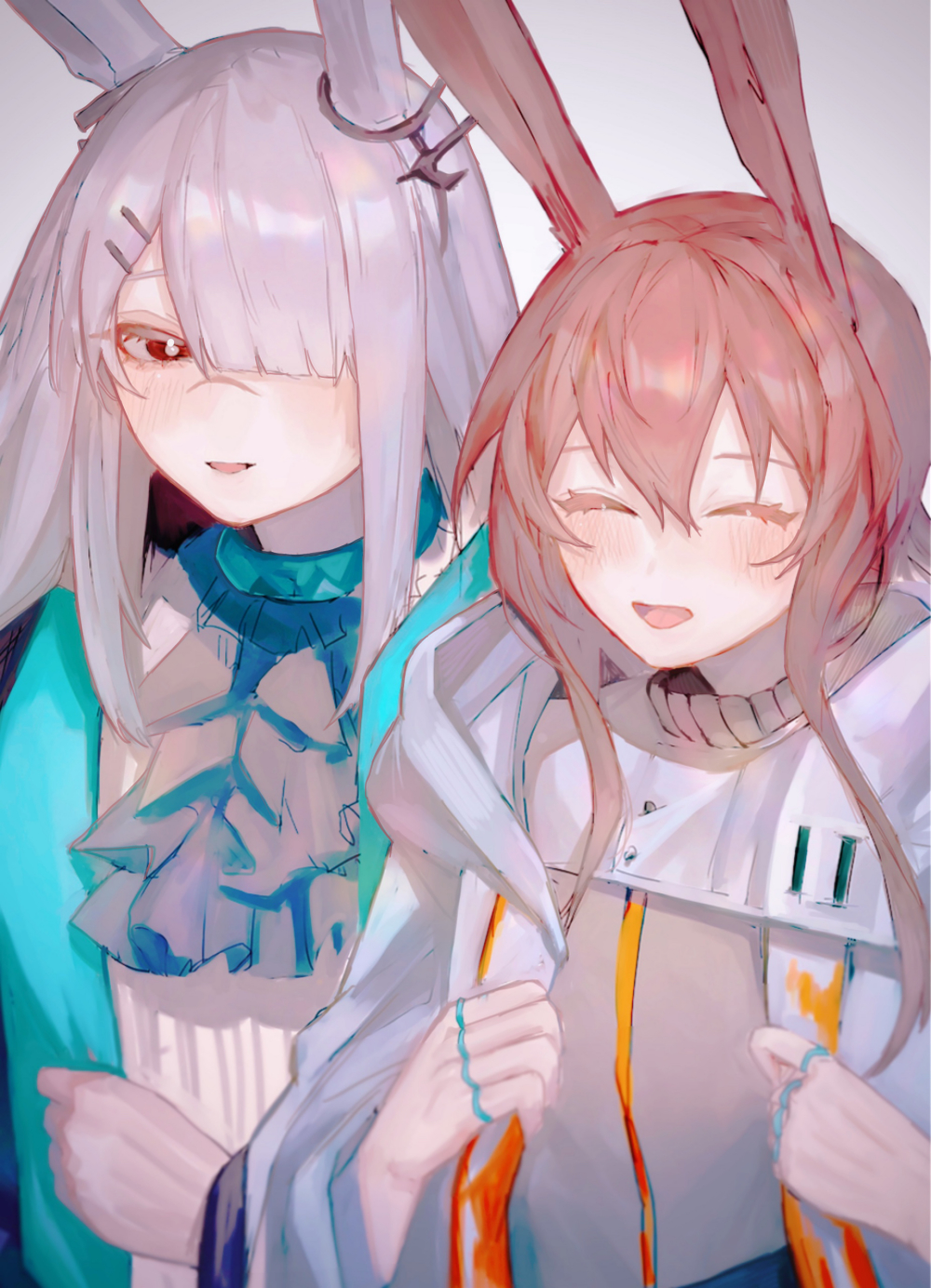 2girls, :d, ^_^, amiya_(arknights), amiya_(arknights)_(cosplay), animal_ears, arknights, bangs