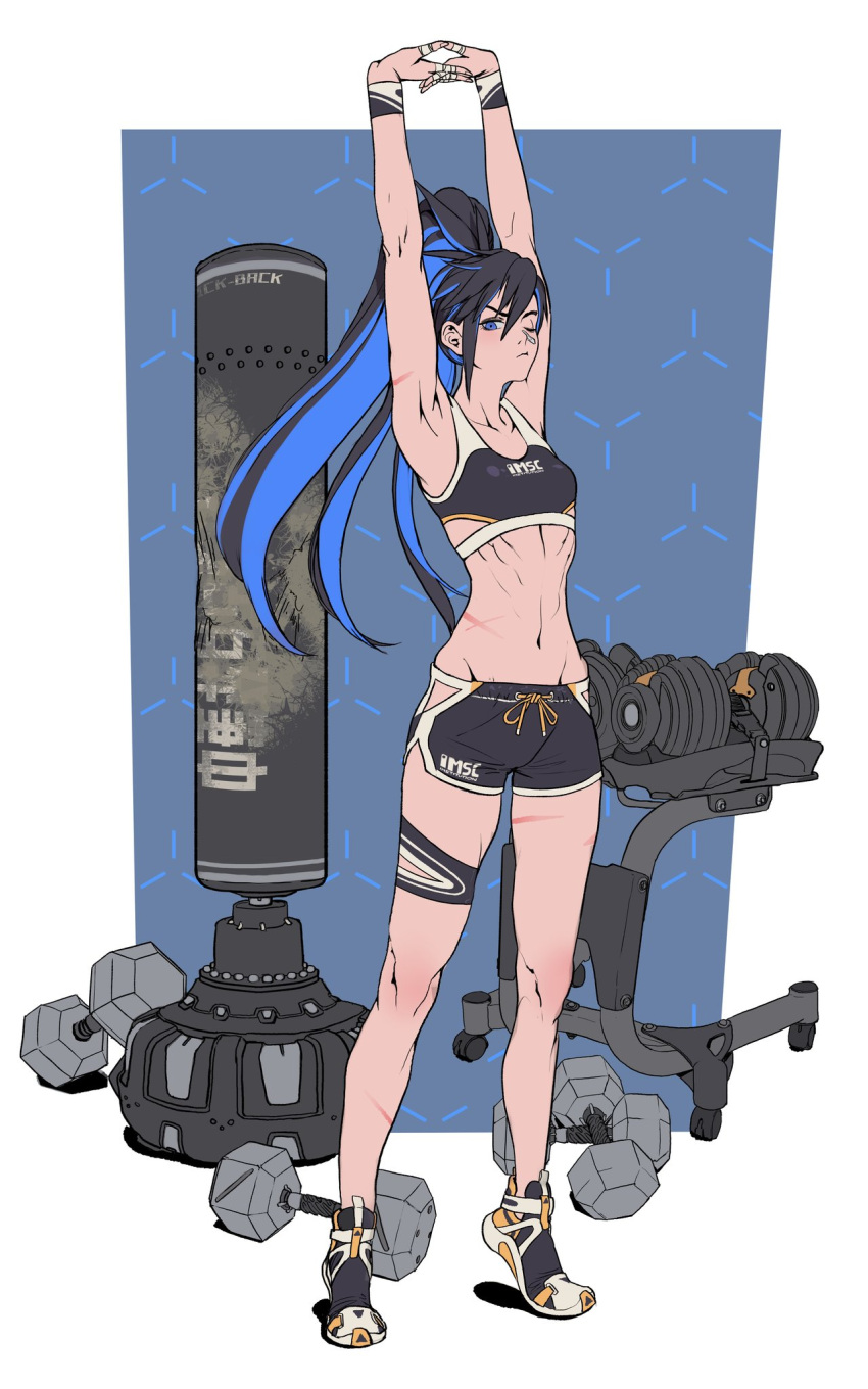 1girl, armband, arms_up, blue_eyes, blue_hair, high_ponytail, highres, instant_ip, long_hair, midriff, multiple_scars, navel, one_eye_closed, original, ponytail, scar, shorts, solo, sports_bra, taped_fingers, weights