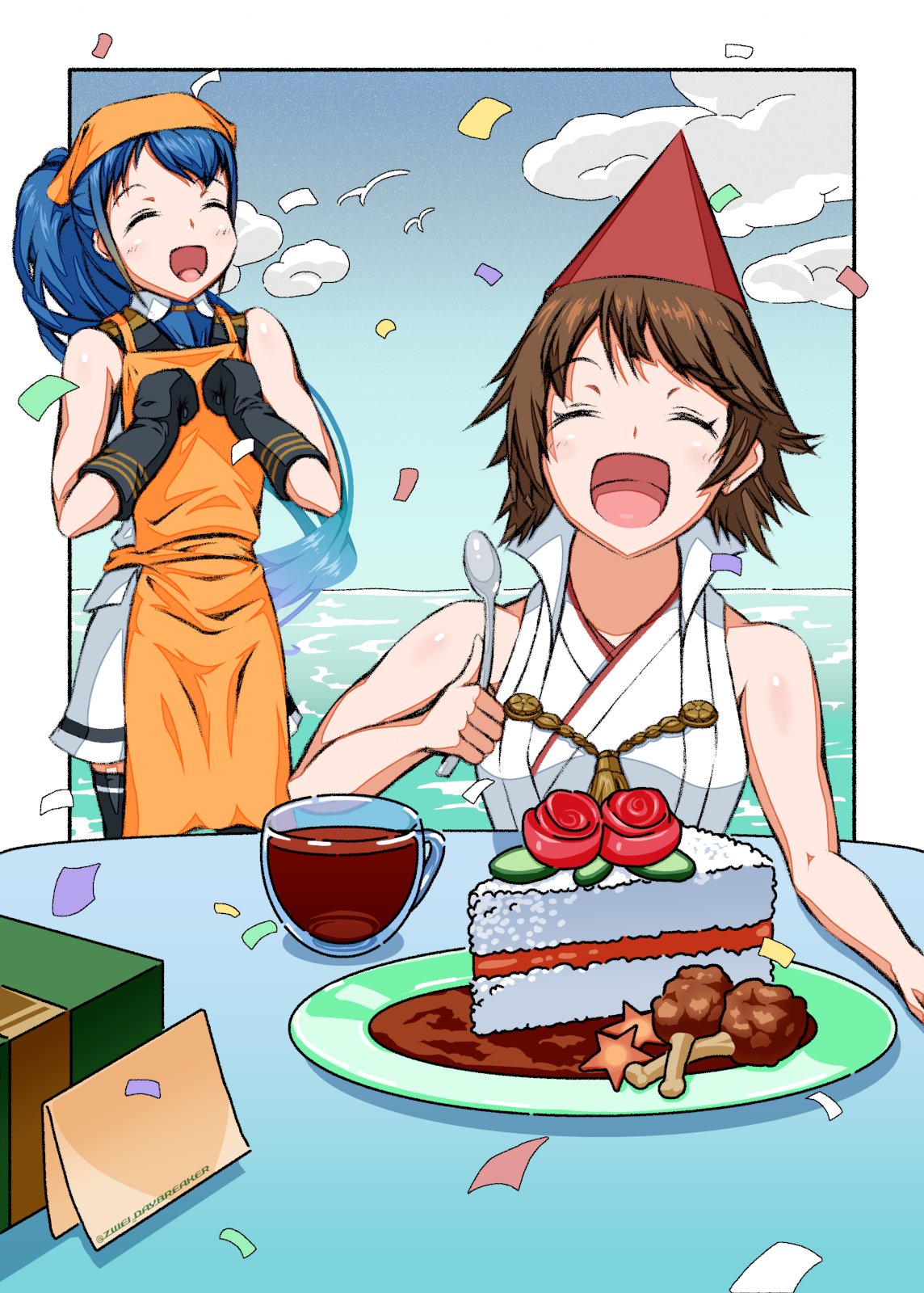 1girl, alternate_hairstyle, apron, bandana, bangs, black_gloves, black_thighhighs, blue_hair