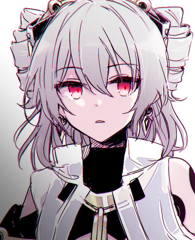 1girl, bungpa6, drill_hair, earrings, grey_hair, hair_between_eyes, headgear, honkai_(series), honkai_impact_3rd, jewelry, long_hair, looking_at_viewer, parted_lips, prometheus_(honkai_impact), red_eyes, simple_background, solo, twin_drills, upper_body, white_background