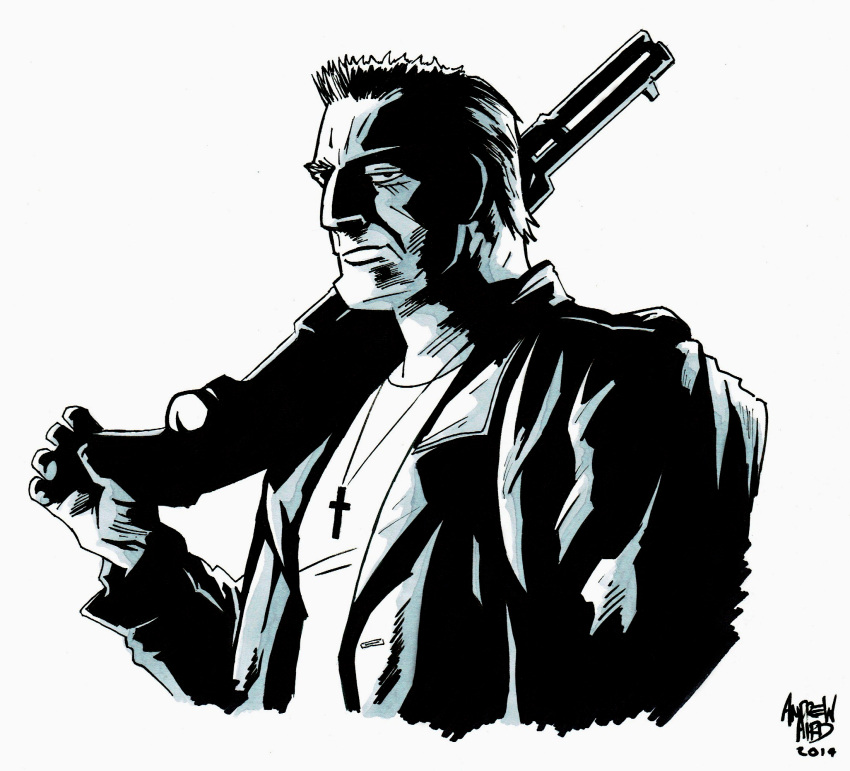 1boy, 2014, andyscomicart, black_coat, black_jacket, carrying, coat, cropped_torso, cross, cross_necklace, from_side, gun, highres, holding, holding_gun, holding_weapon, jacket, jewelry, long_sleeves, looking_to_the_side, male_focus, manly, marv, mature_male, monochrome, necklace, profile, shirt, short_hair, shotgun, shoulder_carry, signature, simple_background, sin_city, solo, trench_coat, upper_body, very_short_hair, weapon, white_background, white_shirt