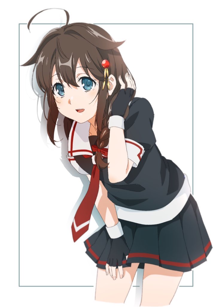 1girl, ahoge, black_gloves, black_hair, black_serafuku, black_shirt, black_skirt, blue_eyes, braid, fingerless_gloves, gloves, hair_flaps, hair_ornament, hair_over_shoulder, kantai_collection, leaning_forward, looking_at_viewer, neckerchief, pleated_skirt, red_neckerchief, sailor_collar, school_uniform, serafuku, shigure_(kancolle), shigure_kai_ni_(kancolle), shirt, single_braid, skirt, solo, tawashi_(tawashi_100yen), white_background, white_sailor_collar