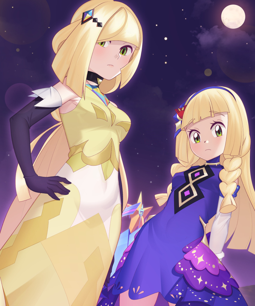 2girls, absurdres, bangs, blonde_hair, blunt_bangs, braid, breasts, closed_mouth, commentary_request, dress, elbow_gloves, eyelashes, from_below, frown, gazing_eye, gloves, green_eyes, hair_ornament, hairband, hand_on_hip, highres, lillie_(anniversary_2021)_(pokemon), lillie_(pokemon), long_hair, looking_at_viewer, lusamine_(pokemon), lusamine_(sygna_suit)_(pokemon), moon, mother_and_daughter, multiple_girls, night, official_alternate_costume, outdoors, pokemon, pokemon_(game), pokemon_masters_ex, sleeveless, sleeveless_dress, twin_braids, yellow_dress