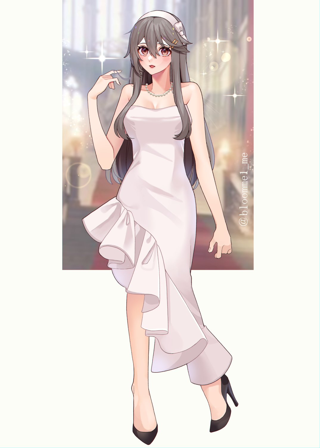 1girl, alternate_costume, bare_shoulders, black_footwear, black_hair, brown_eyes, dress, full_body, hair_between_eyes, hair_ornament, hairclip, haruna_(kancolle), high_heels, highres, jewelry, kantai_collection, kozu_(bloomme1_me), long_hair, looking_at_viewer, necklace, pearl_necklace, solo, sparkle, white_dress, white_hair