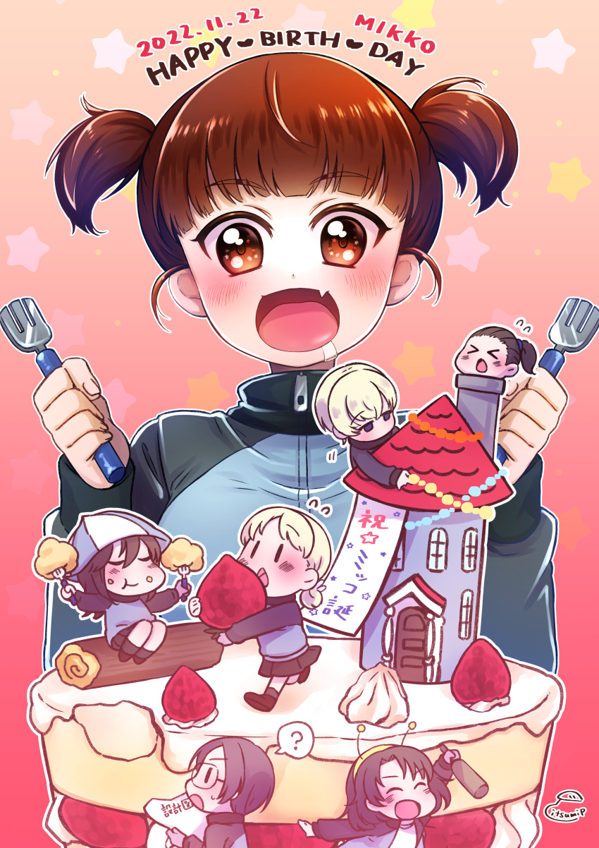 6+girls, ?, absurdres, aki_(girls_und_panzer), artist_name, blonde_hair, blue_jacket, bottle