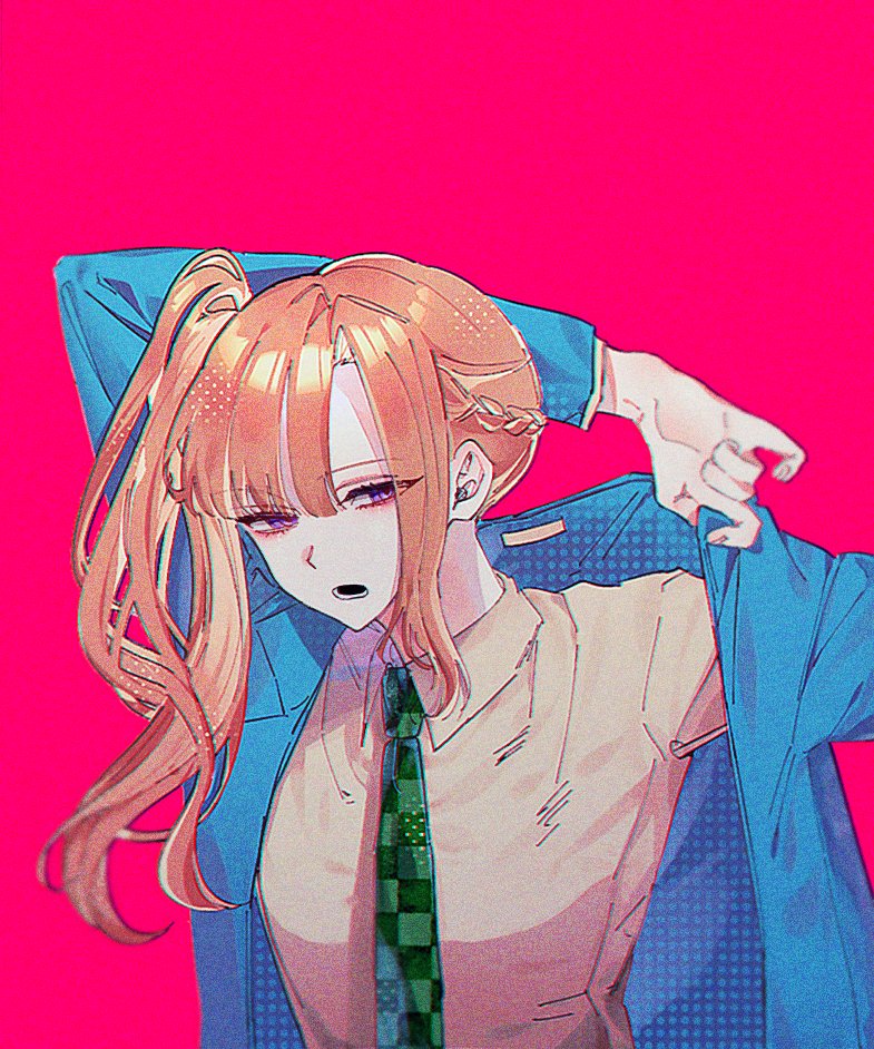 1girl, asymmetrical_bangs, bangs, blue_jacket, blunt_bangs, braid, checkered_necktie, chidouin_sara, chilpeul1, collared_shirt, dressing, french_braid, green_necktie, grey_shirt, half-closed_eyes, jacket, kimi_ga_shine, long_hair, long_sleeves, looking_at_viewer, lower_teeth, necktie, open_mouth, orange_hair, pink_background, school_uniform, shirt, side_braid, side_ponytail, simple_background, single_sidelock, solo, sonobeno_school_uniform, teeth, upper_body, violet_eyes, wavy_hair