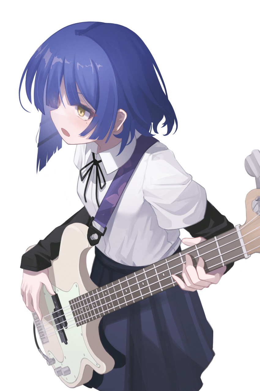 1girl, absurdres, bangs, black_necktie, black_shirt, blue_hair, blue_skirt, blunt_bangs