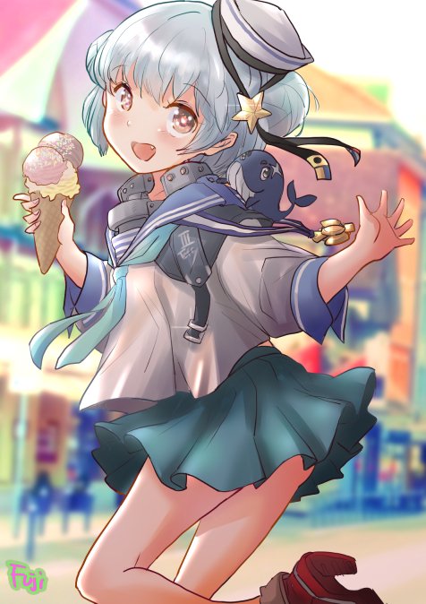 1girl, animal_on_shoulder, aqua_neckerchief, aqua_skirt, black_ribbon, blue_hair, blue_sailor_collar, blue_sky