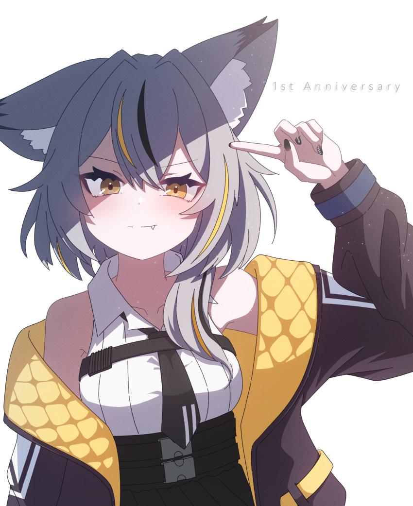 1girl, animal_ear_fluff, animal_ears, black_hair, black_jacket, black_nails, black_necktie, blonde_hair